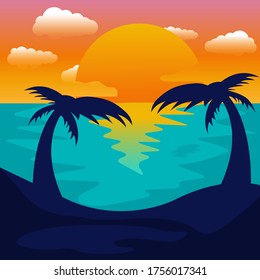 Beautiful Sunset View In The Beach Illustration Design. Good for your background, wallpaper, and Poster or t-shirt