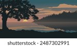 Beautiful sunset view at lake with a tree