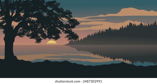 Beautiful sunset view at lake with a tree