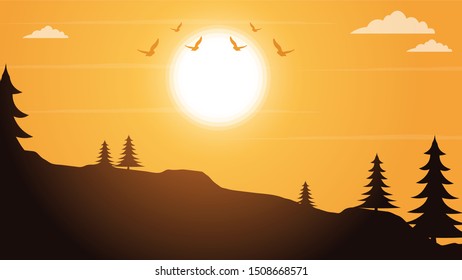 A beautiful sunset view with mountains and trees landscape