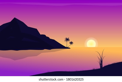 beautiful sunset view with palm trees and boat vector