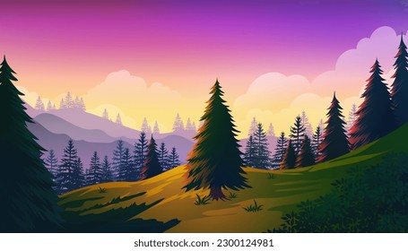 Hermosa vista al atardecer desde la cima de la colina del bosque de pinos, vibrante paisaje vectorial de color
