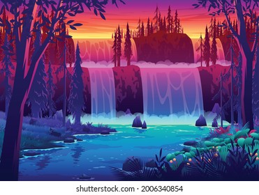 Beautiful Sunset Waterfall Landscape Illustration