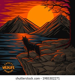 beautiful sunset in the wild forest ,premium vector