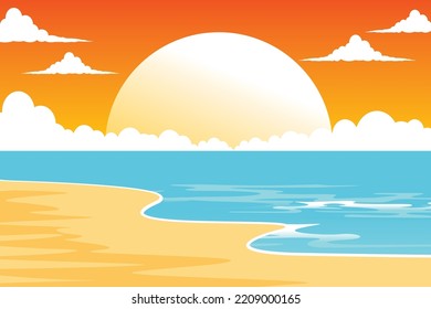 Hermosas puestas de sol. La puesta de sol en la playa. Ilustración del paisaje de la playa al atardecer