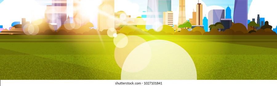 Beautiful Sunshine Over City View, Sunlight Skyscrapers Buildings Cityscape Concept Flat Vector Illustration