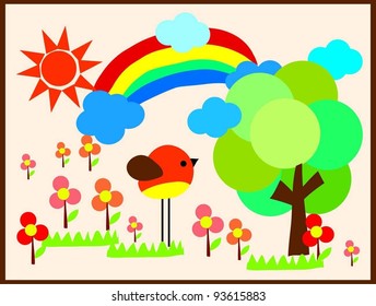 beautiful sunshine rainbow and red bird tree and garden