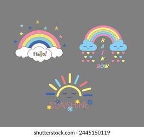 Beautiful sunshine vector. Cute clouds and rainbow illustration. Print for t-shirt or sticker. Romantic hand drawing illustration for children. .