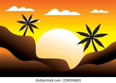Beautiful sunsite view.Coconut tree silhouette.Illustration of natural scenery at sunsite
