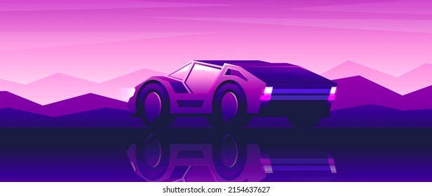 Beautiful supercar stands on mountain silhouette background. Pink sunset horizontal widescreen illustration.