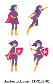 Beautiful superhero woman with shield in hand ready to beat enemy