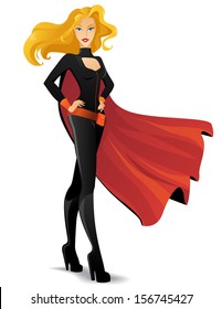 beautiful superwoman in a black suit with a cape
