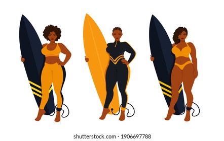 Beautiful surfer curvy women holding a surfboard, wearing a full black wetsuit. A surf board with a surfing leash. A vector cartoon illustration.