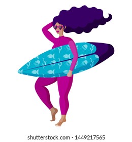 Beautiful surfer girl in pink wetsuit holding surfboard. Isolated object on white background. Cartoon style illustration. Beach holidays, swimming accessories.