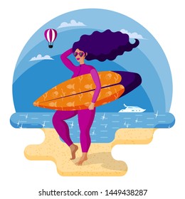 Beautiful surfer girl in pink wetsuit holding surfboard on the beach. Cartoon style illustration. Beach holidays, swimming accessories.