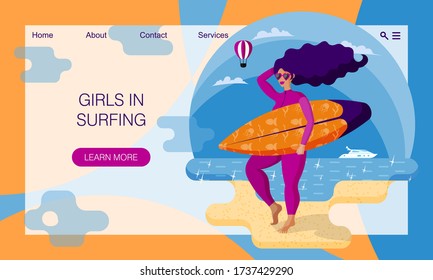 Beautiful surfer girl in pink wetsuit holding surfboard on the beach. Vector cartoon flat illustration. Resort activities and sports in summer time. Concept of website, landing page design template