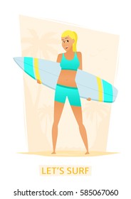 Beautiful surfer girl with surf board on the beach. Vector illustration of cartoon woman in swimwear. Concept of summer vacation on the sea.