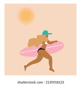 Beautiful surfing girl on the beach. Hand drawn illustration.