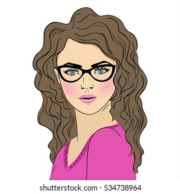 Beautiful surprised woman in the pop art comics style. Vector EPS10 illustration. Comic book girl with glasses isolated on white background