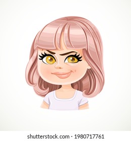 Beautiful suspicious cartoon girl with powdery pink bob haircut with bangs portrait isolated on white background