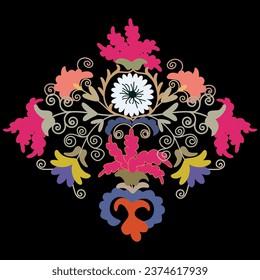 Beautiful suzani flowers in black background-traditional rug part, home interior element. Using for decorating clothes and other vintage things.