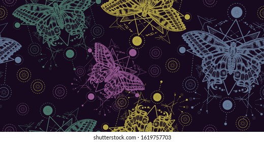 Beautiful Swallowtail. Butterflies seamless pattern. Packing old paper, scrapbooking style. Vintage background. Medieval manuscript, engraving art. Mystical esoteric symbol of freedom travel, tourism