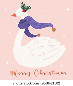 Beautiful swan illustration. Christmas cartoon vector. Cute bird from winter tale. Cute drawing for Christmas cards, t shirt-paper prints.