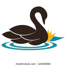 Beautiful swan illustration swimming near the water lily, the feeling of calmness and purity. Harmonic colors. Can be used also as company symbol or icon.