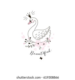 beautiful swan princess, doodle illustration