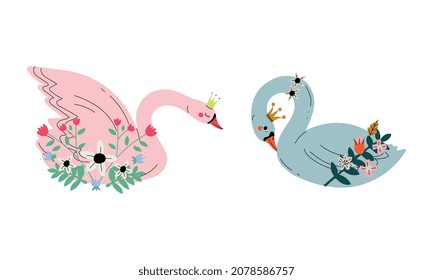 Beautiful Swan Princess with Golden Crown and Flower Decoration Vector Set