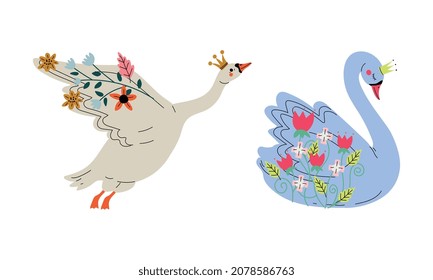 Beautiful Swan Princess with Golden Crown and Flower Decoration Vector Set