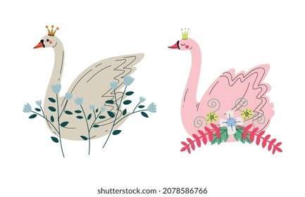 Beautiful Swan Princess with Golden Crown and Flower Decoration Vector Set