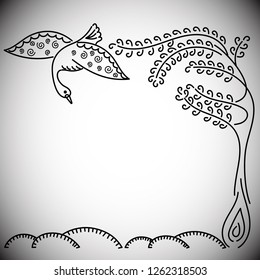 Beautiful Swan ,  unusual tree. Outline. hand drawn. Card design template, invitations and more. Vector illustration.