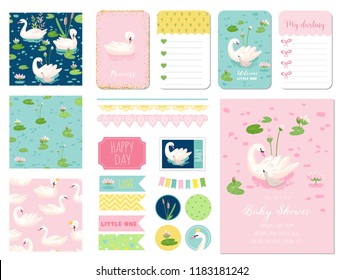 Beautiful Swans Baby Shower Scrapbook Set. Vector Scrapbooking with Decorative Elements, Tags, Labels, Stickers, Notes, Seamless Patterns, Invitation Card Announcement.