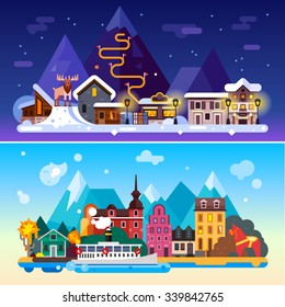 Beautiful Sweden day and night landscapes: Stockholm, northern weather, mountains, ski resort, moose,  boat on a sea, european architecture, red horse statue. Flat vector illustration stock set. 