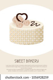 Beautiful sweet bakery white pie banner vector illustration of cylindrical tart with cute roses and chocolate heart on top, many bright pins, sweety glaze ribbon