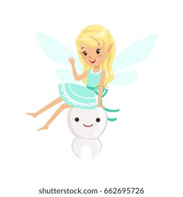 Beautiful sweet blonde Tooth Fairy girl sitting on a big tooth colorful cartoon character vector Illustration