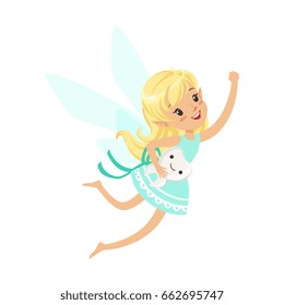Beautiful sweet blonde Tooth Fairy girl flying with smiling tooth colorful cartoon character vector Illustration