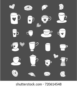 Beautiful Sweet Coffee and Tea Cups, Croissants, Cookies, Donuts and Hearts
