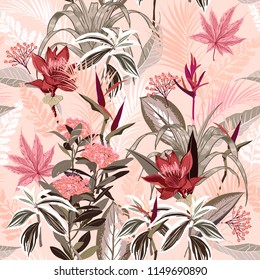 Beautiful sweet mood Summer wild forest full of  blooming flower in many kind of floral seamless pattern vector ,hand drawing style for fashion, fabric and all prints on stylish  pink background.