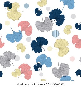 Beautiful sweet pastel Blowing Gingko leaves seamless pattern vector in hand drawn style mix with circle stripe, for fashion ,fabric and all prints on white background colors 