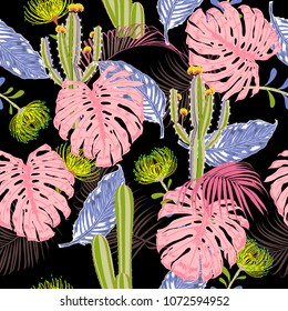 A Beautiful sweet pastel color tropical night pattern with exotic forest and cactus. Colorful stylish floral background print,Jungle flower on Black.