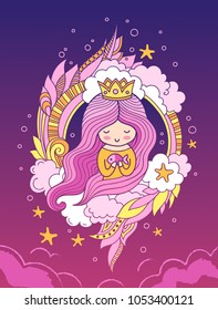 Beautiful sweet princess with crown and long pink hair. Card, print, poster, notebook, cover. Vector illustration on iridescent magic background.