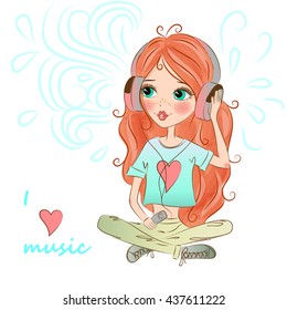 Beautiful, sweet, red-haired girl with freckles sitting and listening to music on headphones.