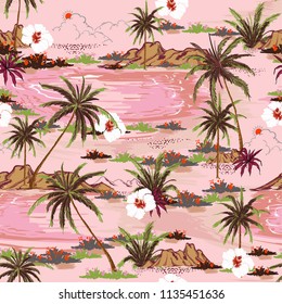 Beautiful sweet seamless island pattern vector. Landscape with palm trees,beach and ocean vector hand drawn style on pink color background.