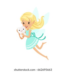 Beautiful sweet smiling blonde Tooth Fairy girl flying and holding tooth colorful cartoon character vector Illustration