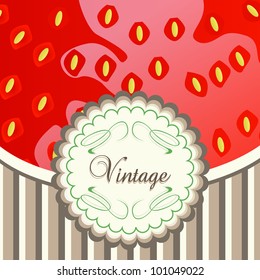 Beautiful and sweet strawberry close-up vector background with vintage label