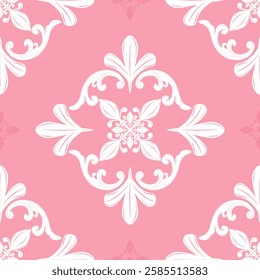 Beautiful Sweetly Elegance Whitework on Pink Background Motif Damask Seamless Pattern for Luxury Delicate Decoration. Classy Victorian Filigree Scroll Rich Opulence Ornament Silk Embroidery Wallpaper