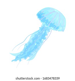Beautiful swimming blue and violet jellyfish. Marine underwater animal, creature. Sea travel, voyage, summer vacations concept. Vector cartoon illustration isolated on white.
