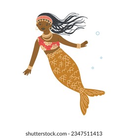 Beautiful swimming mermaid flat style, vector illustration isolated on white background. Decorative design element, underwater mystic creature, cute girl with fish tail